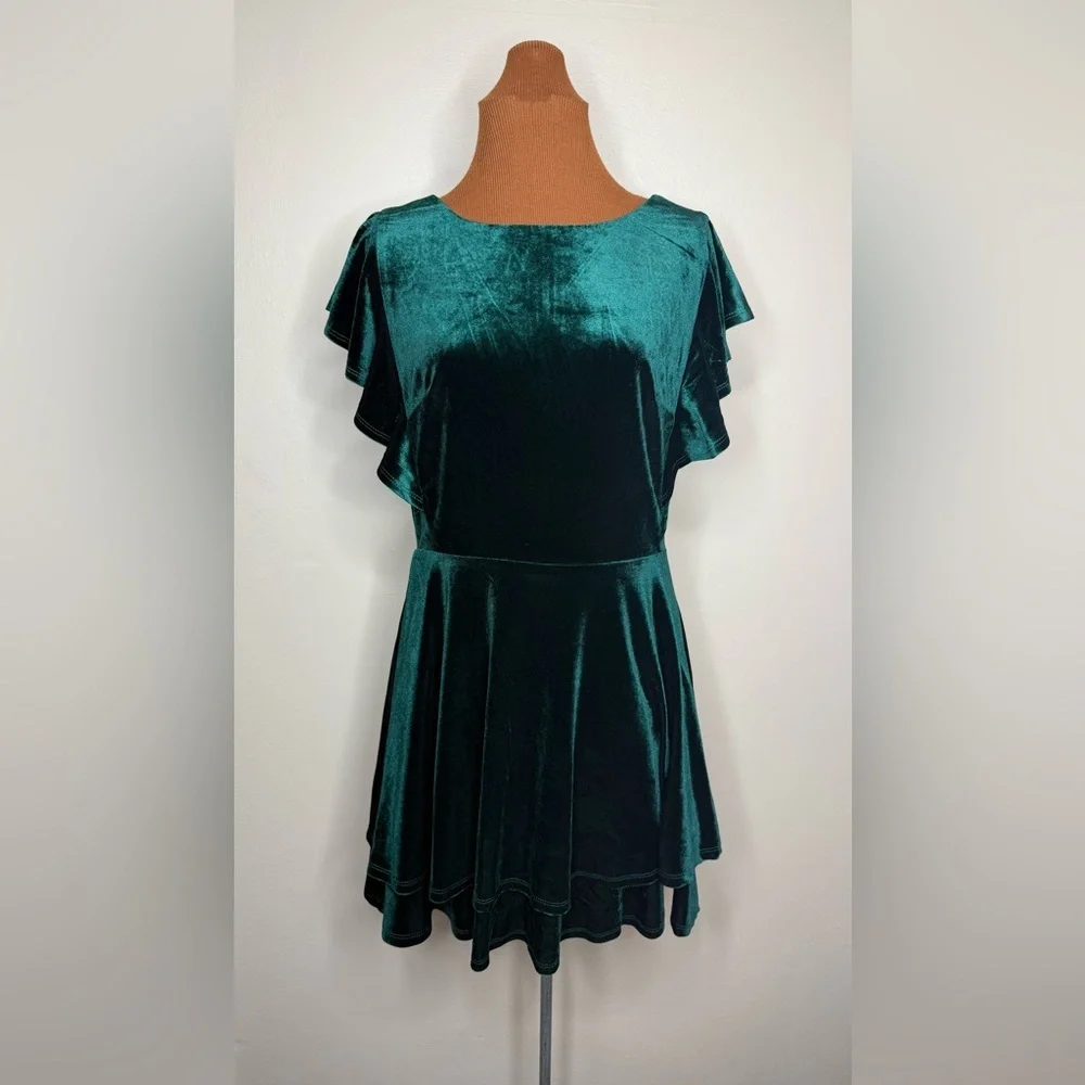 Midnight Doll Flutter Sleeve Green Velvet Double-Hem Fit & Flare Dress Sz Large - Picture 2 of 10